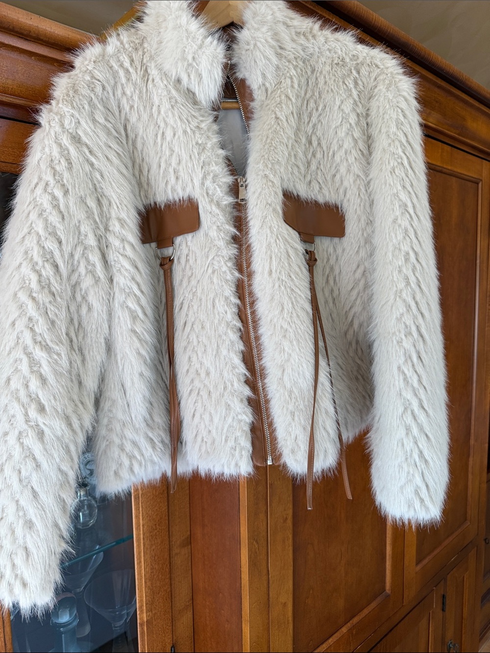 Plush Cream Teddy Jacket with Brown Trim